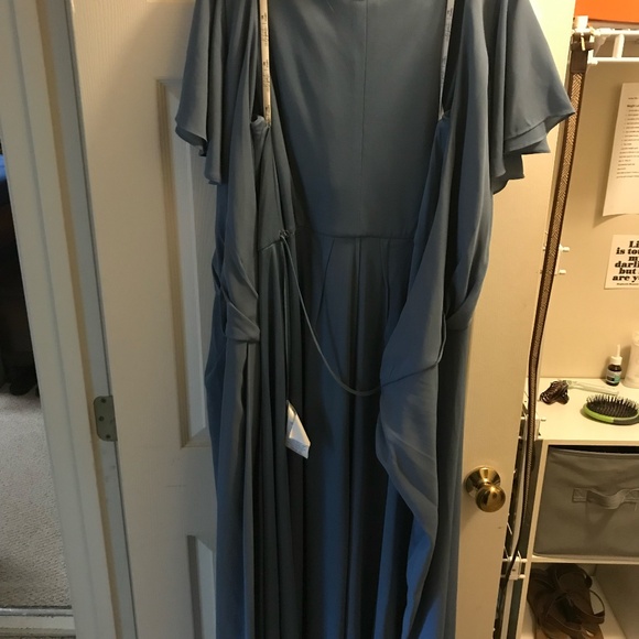 FLUTTER SLEEVE GEORGETTE WRAP BRIDESMAID DRESS, STEEL BLUE, SIZE 20 - Picture 5 of 6